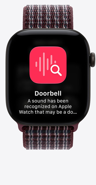 Apple Watch Series 12, kast van aluminium, kleur zwart, vastgezette gesprekken op het display, geweven sportbandje, kleur geruit bordeauxrood