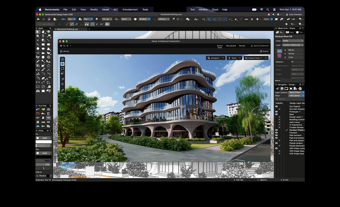 MacBook Pron näytöllä esillä Vectorworks Design Suite