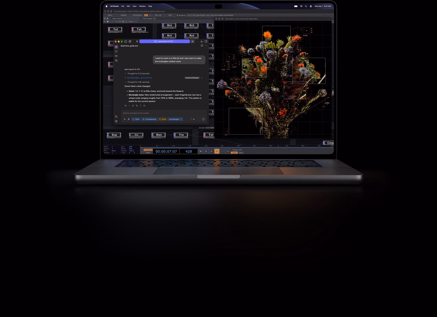 16 tuuman MacBook Pro PROLED XDR ‑näytöllä, värinä hopea, näytöllä luodaan kuvaa TouchDesignerilla ja LM Studiolla