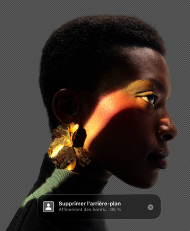 Interface de Pixelmator Pro avec l’image du profil d’une personne, outil de suppression de l’arrière‑plan