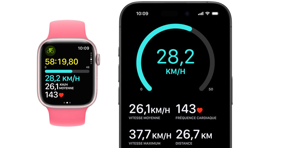 Une vue avant d’une Apple Watch et d’un iPhone. L’Apple Watch montre un exercice commencé, qui s’affiche aussi sur l’iPhone.