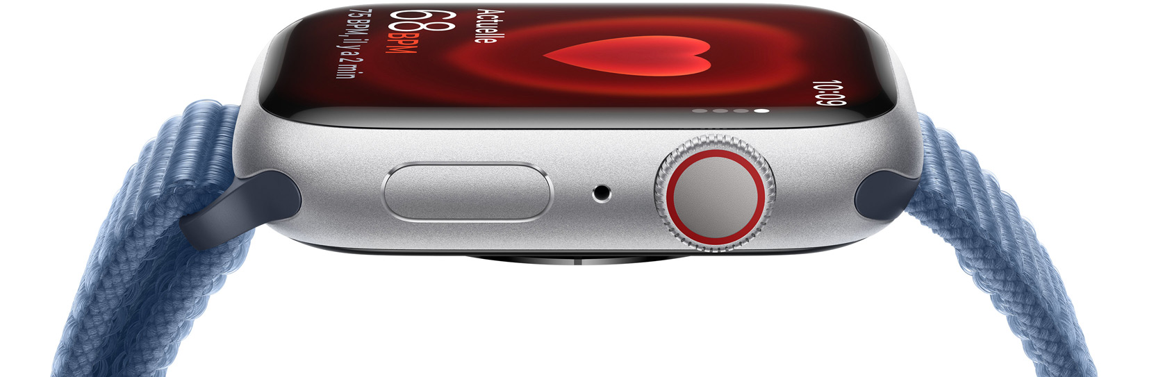 Une vue latérale d’une Apple Watch montrant la fréquence cardiaque d’une personne.