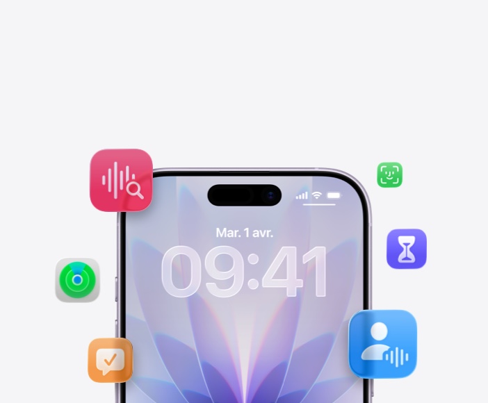 Un iPhone entouré des icônes de diverses fonctionnalités Apple intégrées
