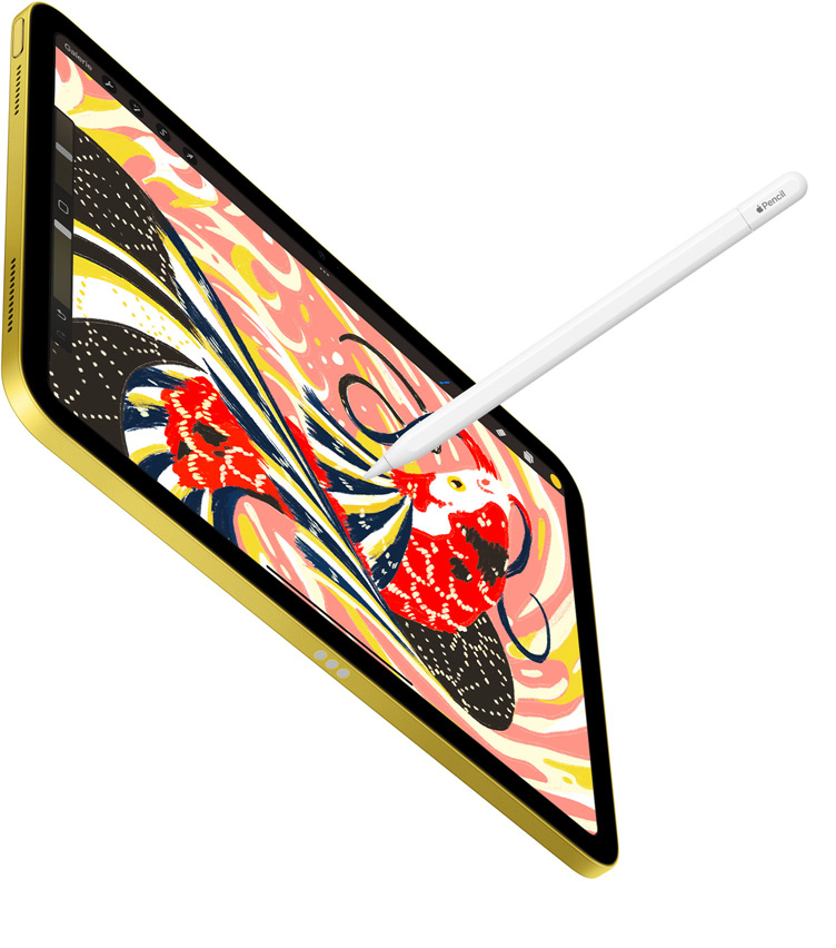 iPad affichant une illustration colorée représentant un poisson dans l’app Procreate tandis qu’un Apple Pencil dessine sur l’iPad