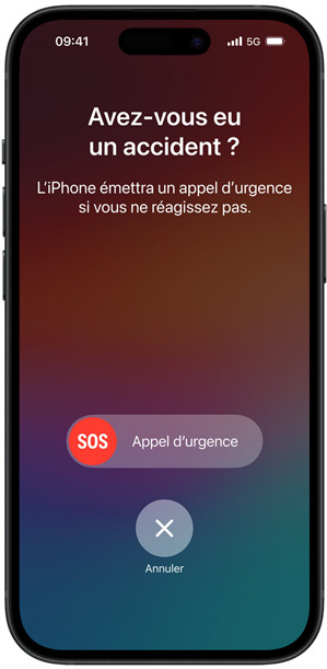 L’écran Détection des accidents affiche le message « Avez-vous eu un accident ? L’iPhone émettra un appel d’urgence si vous ne réagissez pas. »