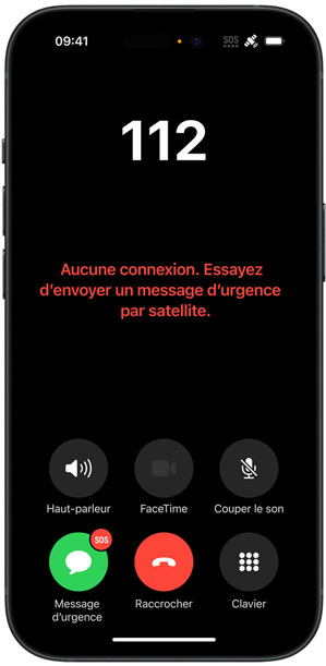 Un iPhone affichant le message « Aucune connexion. Essayez d’envoyer un message d’urgence par satellite. »