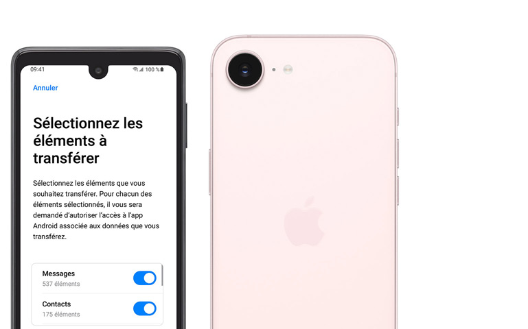 Côte à côte, téléphone Android affichant l’app Migrer vers iOS, iPhone 17e, face arrière, coloris rose pastel, caméra Fusion