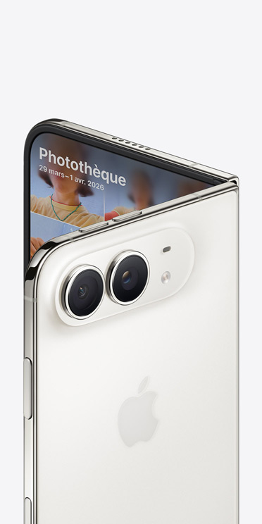 iPhone Duo, Star White color, complete back exterior, Apple logo in center, 48MP Dual Fusion camera system, partial front interior, photo library displayed on screen