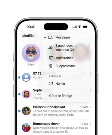 iPhone, les deux tiers supérieurs de l’écran montrent l’app Messages avec une nouvelle fonctionnalité d’outils de filtrage, qui passe en revue les numéros inconnus dans une section appelée Expéditeurs inconnus