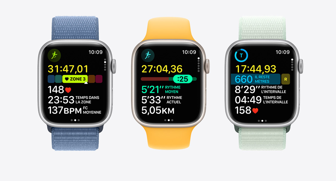 Three Apple Watch Series 9. The first shows Heart Rate Zones in a workout, the second shows Pacer, and the third shows a custom workout with intervals.