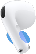 Εξωτερική όψη ακουστικού AirPods 5, μπλε κύκλοι που δείχνουν το σημείο όπου πρέπει να αγγιχτεί το στέλεχος για τον έλεγχο της έντασης ήχου