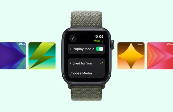 Apple Watch SE 3, κάσα από αλουμίνιο, χρώμα μαύρο του μεσονυκτίου, προτάσεις λίστας αναπαραγωγής για την προπόνηση μέσω Apple Music, λουράκι, Sport Loop, χρώμα πράσινο του δάσους