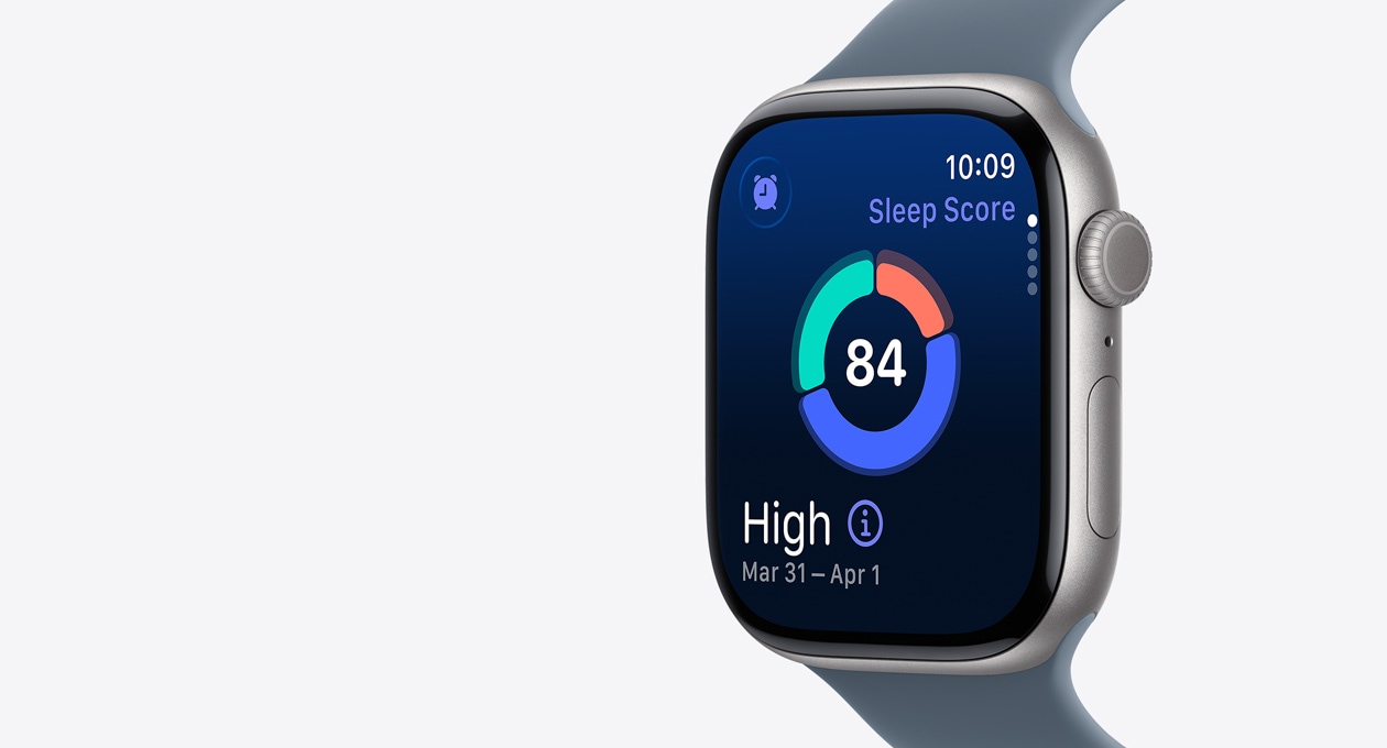Apple Watch Series 11, κάσα από αλουμίνιο, η οθόνη εμφανίζει ένα γράφημα κύκλου ποιότητας ύπνου, δεξιά εξωτερική πλαϊνή όψη, Digital Crown, πλευρικό κουμπί.