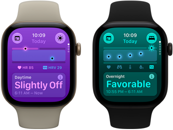 Δύο συσκευές Apple Watch Series 12: κάσα από αλουμίνιο, ανοιχτό χρυσαφί χρώμα, Ημερήσιες Ζωτικές Ενδείξεις ελαφρώς εκτός τυπικού εύρους, Digital Crown, λουράκι Sport Band σε χρώμα άμμος, κάσα από αλουμίνιο, μαύρο χρώμα, Νυχτερινές Ζωτικές Ενδείξεις θετικές, Digital Crown, λουράκι Sport Band σε μαύρο χρώμα
