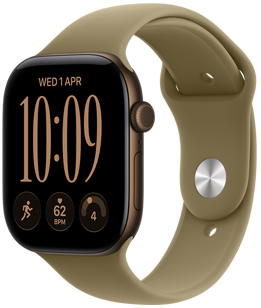 Apple Watch Series 12, κάσα από αλουμίνιο, χρώμα σκούρο μπρονζέ, πρόσοψη Modular Compact, πολυπλοκότητες: ημέρα και ημερομηνία, προπόνηση Τρεξίματος, καρδιακοί παλμοί, ετοιμότητα, δεξιά εξωτερική πλαϊνή όψη, Digital Crown, πλευρικό κουμπί, λουράκι Sport Band, χρώμα πράσινο της ελιάς