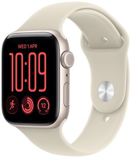 Apple Watch Series SE 3, κάσα από αλουμίνιο, χρώμα αστροφεγγιά, πρόσοψη Modular Compact, πολυπλοκότητες: ημέρα και ημερομηνία, προπόνηση Τρεξίματος, Κύκλοι δραστηριότητας, Καιρός, δεξιά εξωτερική πλαϊνή όψη, Digital Crown, πλευρικό κουμπί, λουράκι Sport Band, χρώμα άμμος