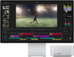 Studio Display XDR με ενσωματωμένη βάση, το Mac Studio χωράει κάτω από την οθόνη, η ροή εργασιών των εργαλείων επεξεργασίας βίντεο και διαβάθμισης χρωμάτων εμφανίζεται στην οθόνη