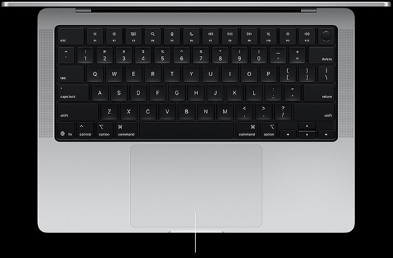 Κάτοψη ενός ανοικτού MacBook Pro 14 ιντσών που δείχνει το Force Touch trackpad κάτω από το πληκτρολόγιο