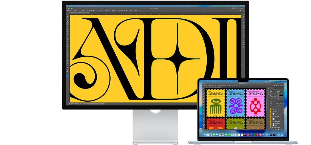 Studio Display και Mac laptop που δείχνουν ένα έργο σε επεξεργασία σε διάφορα προγράμματα Adobe, το Studio Display εμφανίζει ένα κοντινό σε μαύρο κείμενο σε έντονο κίτρινο φόντο, η επίστρωση για μείωση της αντανάκλασης βοηθά στη μείωση της αντανάκλασης