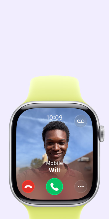 Apple Watch Series 11, κάσα από αλουμίνιο, χρώμα διαστημικό γκρι, εισερχόμενη κλήση, φωτογραφία επαφής, κουμπιά αποδοχής και απόρριψης κλήσεων, εξωτερική δεξιά πλαϊνή όψη, Digital Crown, λουράκι Sport Band, χρώμα νέον κίτρινο