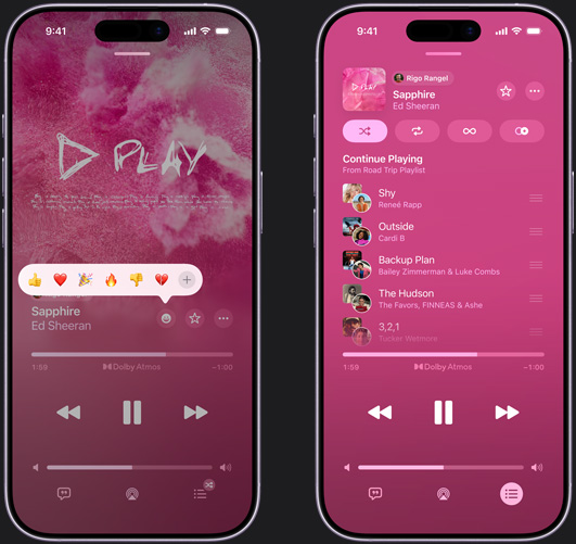 左邊的 iPhone 螢幕上顯示正在播放 Ed Sheeran 的《Sapphire》，並出現反應表情符號的提示，選項有豎起拇指、愛心、慶祝、拇指向下，以及添加其他反應；右邊的 iPhone 顯示名為「Hawaii」的合作歌單，當中包含多首由其他提供者加入的歌曲