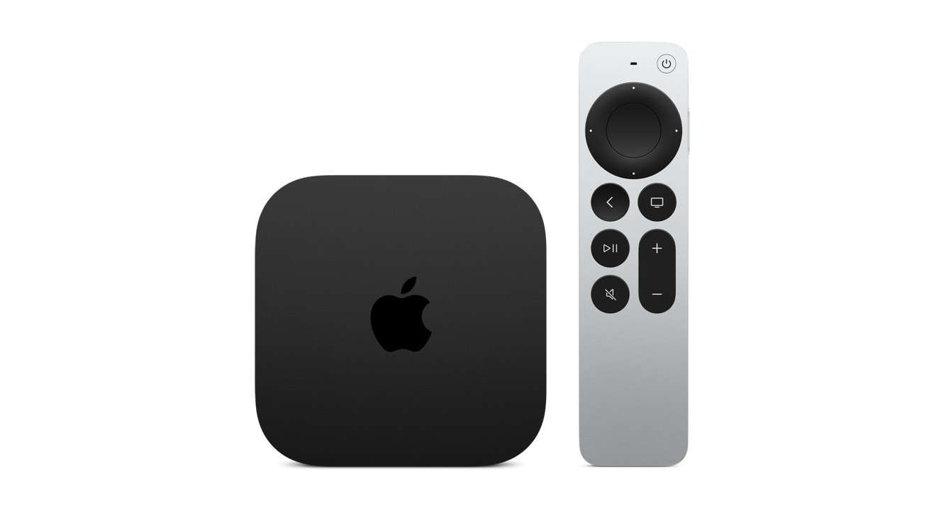 Apple TV 4K 正面外觀，黑色，正方形，頂部有 Apple 標誌，圓角邊位。Siri Remote，正面外觀，圓形觸控式點觸板，凸起的按鈕