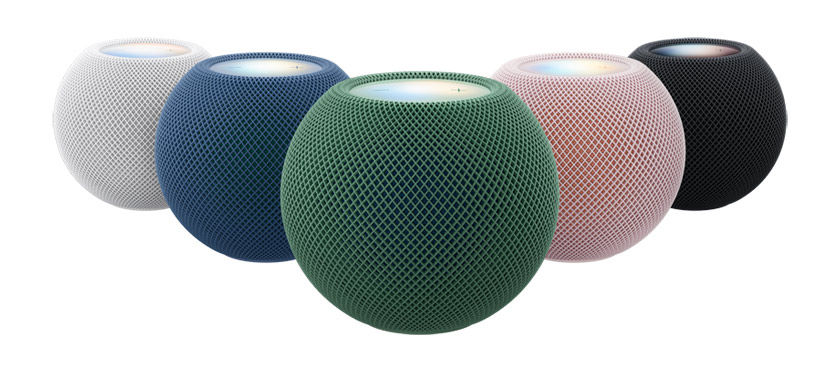 HomePod mini 2，展示全部五款顏色，包括白色、藍色、綠色、粉紅色及午夜暗色