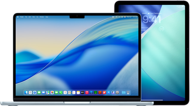 左邊是 MacBook，右邊是 iPad，螢幕顯示相似的藍色與綠色背景圖片。