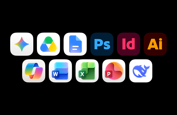 一列圖像，包括 Google Gemini、Google Drive、Google Docs、Adobe Photoshop、Adobe InDesign、Adobe Illustrator、Microsoft Copilot、Microsoft Word、Microsoft Excel、Microsoft PowerPoint、DeepSeek