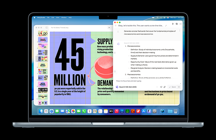 MacBook 顯示 Msty Studio 畫面，當中是微觀經濟學記憶卡，展示裝置端 AI 功能