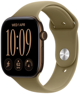 Apple Watch Series 12, aluminum case, dark bronze color, right side exterior, Digital Crown dial, microphone, side button, connected to Sport Band, olive color (earthy green), pin-and-tuck closure (silver pin)