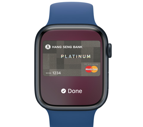 A front view of an Apple Watch. Someone made a payment with Apple Pay.