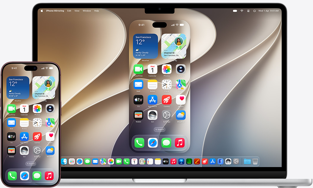 iPhone and MacBook models shown side by side showcasing mirror effect on MacBook, display shows generic wallpaper