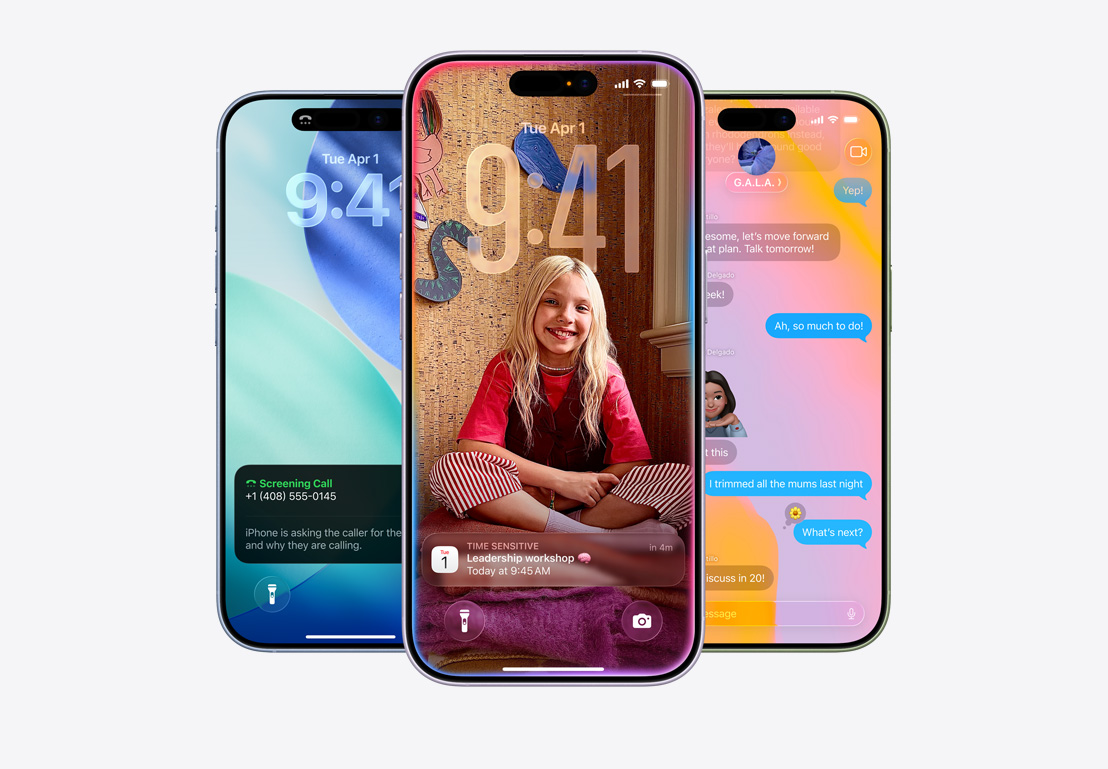 iPhone screen showing call screening pop-up, iPhone screen showing Calendar pop-up on personalized background with photo of a child, iPhone screen showing Messages with Liquid Glass design