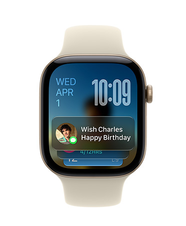 Apple Watch Series 12, Sand Sport Band with Aluminum Light Gold case face shows date at top left, time on top right, and Messages widget at bottom
