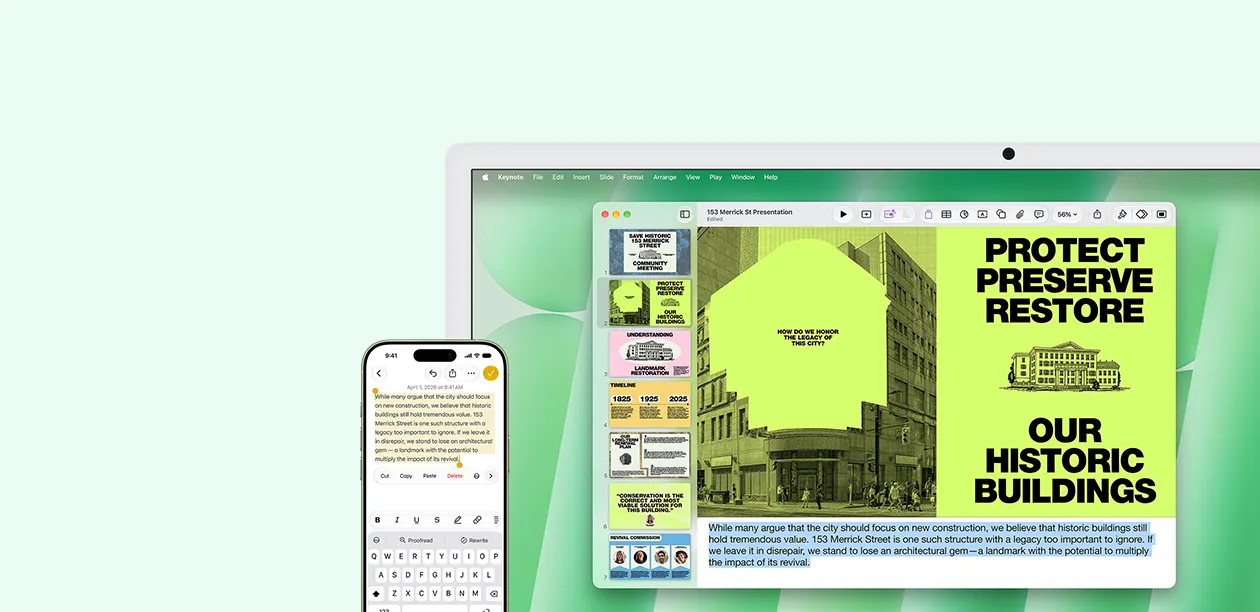iMac 與 iPhone 並排展示。將 iPhone 備忘錄 app 的文字，複製並貼上至 iMac