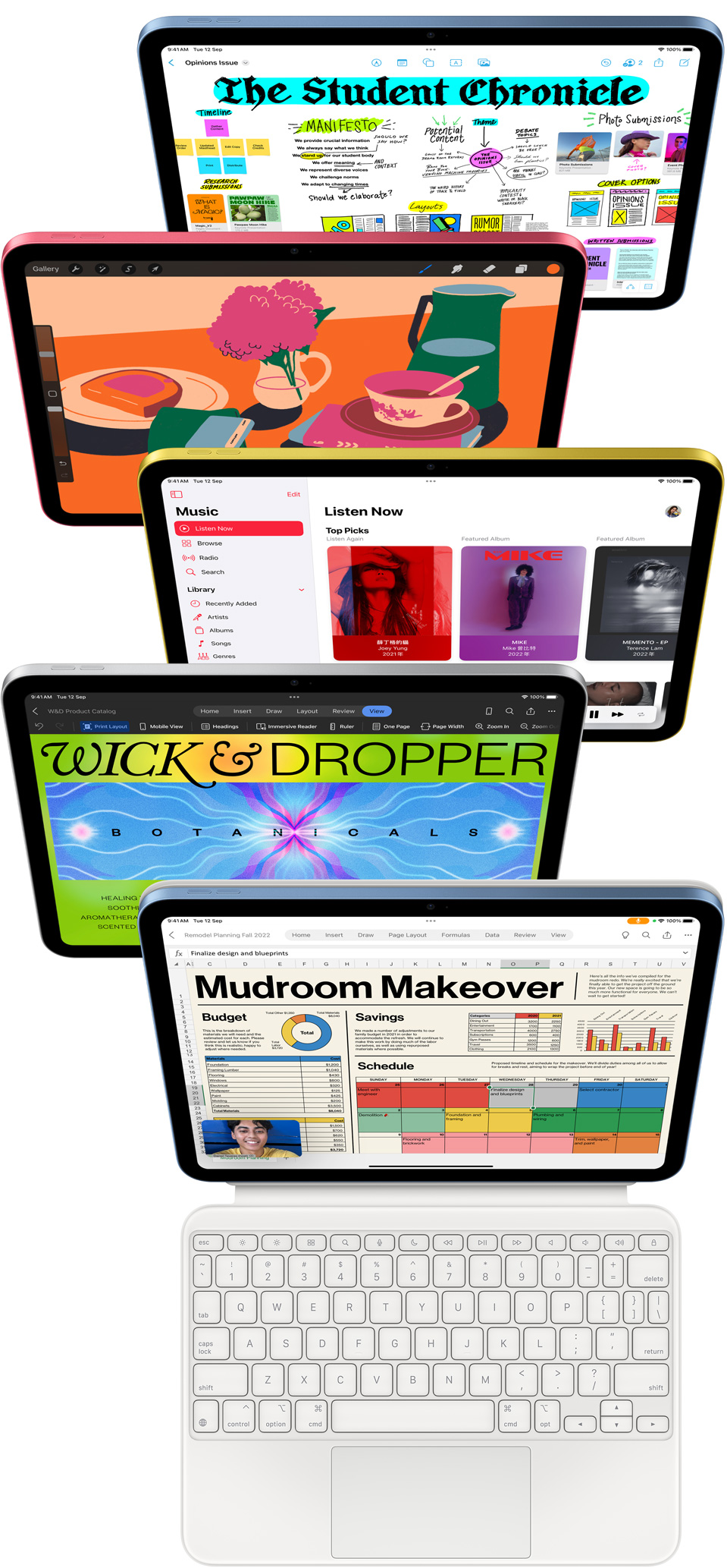 多部 iPad 的正面圖，螢幕顯示各式各樣 Apple app 和 App Store app。