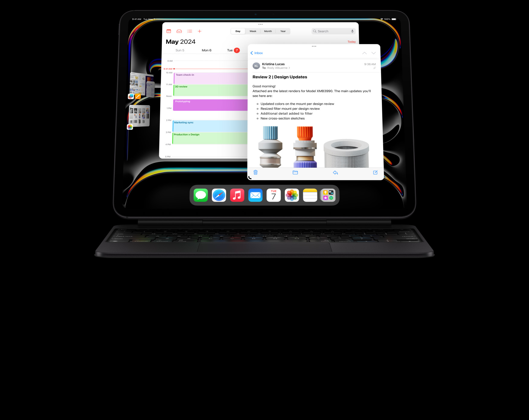 橫向放置的 iPad Pro 貼合在精妙鍵盤，使用者開啟了多個 app，同時進行多項不同工作。