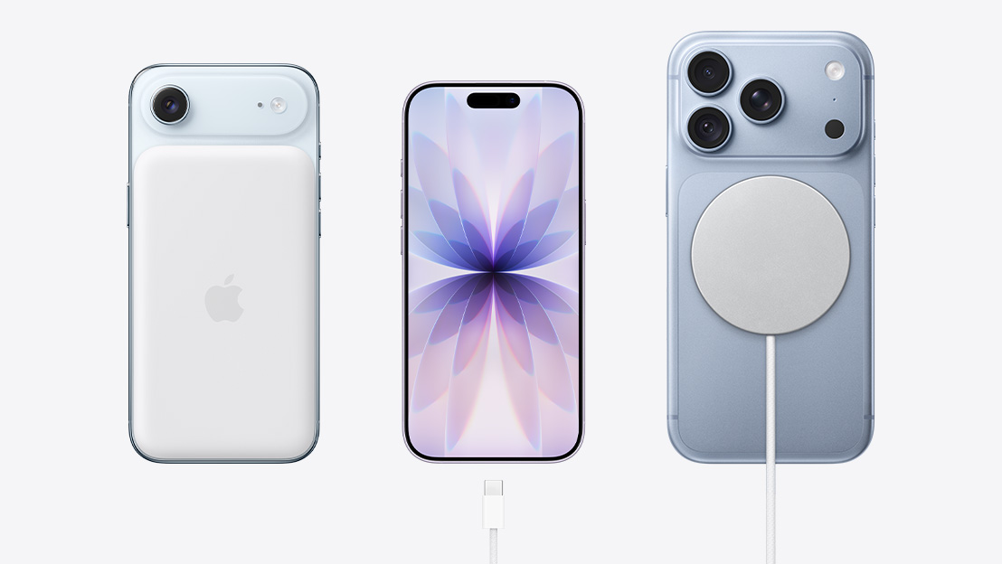 iPhone 型號並排展示：浮雲白色 iPhone Air 機身背面，展示 MagSafe 電池；iPhone 17 機身正面，螢幕顯示通用背景圖片；冰川色 iPhone 18 Pro 機身背面，展示已接上 MagSafe 充電器