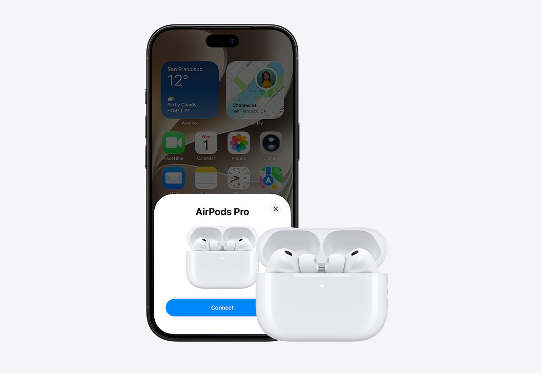 iPhone 18 Pro 機身正面，主畫面開啟，螢幕上出現彈出式連接視窗，旁邊放有 AirPods Pro 3，在打開了的 MagSafe 充電盒內。