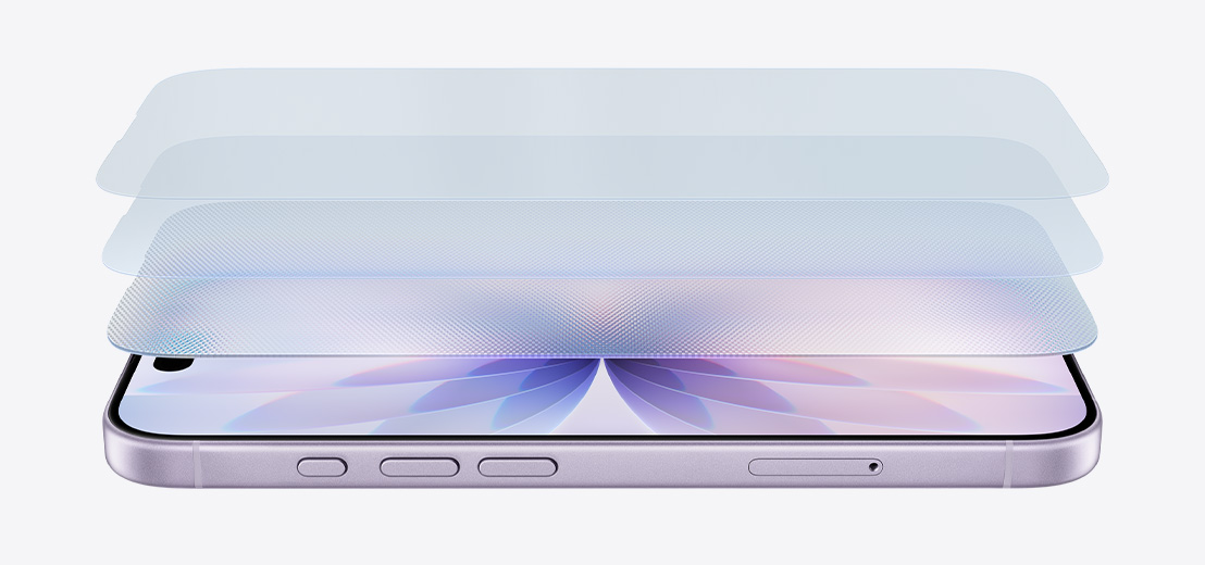 橫向的薰衣草紫色 iPhone 17 機身側面，以多層次圖像，展示陶瓷晶體護面 2