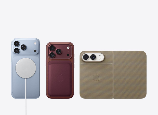 全新 iPhone 型號並排擺放，展示配件包括 MagSafe 充電器、MagSafe 精細織料銀包、企架摺套
