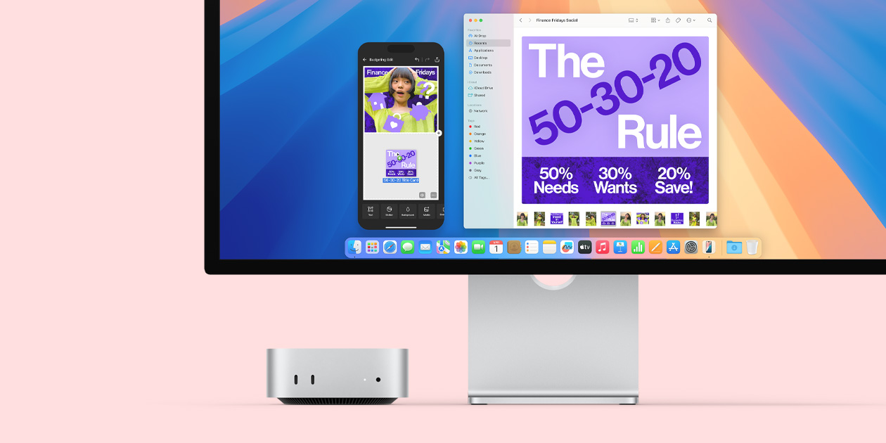 銀色 Mac mini 的正面,展示機身前面連接埠和指示燈,放置在 Mac 顯示器下方,簡潔俐落。螢幕上顯示彩色畫面及 Dock 上多個 app 圖像。