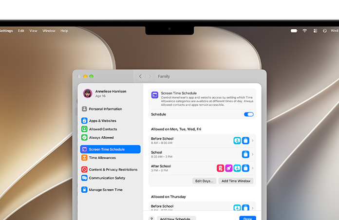 MacBook Pro 螢幕顯示設定 app，內有使用時限和螢幕使用時間時間表選項，用於為孩子設定可用時間和媒體類別