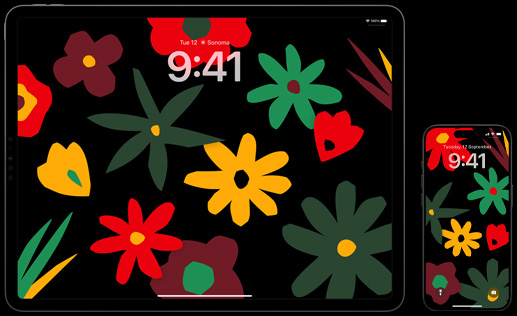 圖像展示 iPad 和 iPhone，兩部裝置均使用 Unity 之花背景圖片，以花為題的設計綴有色彩繽紛的花朵，包括紅色、黃色和綠色。