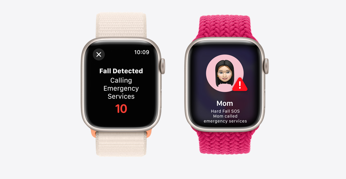 兩隻 Apple Watch Series 9。第一隻錶顯示跌倒偵測畫面，正在聯絡緊急服務。第二隻錶顯示偵測到「Mom」嚴重跌倒，並聯絡了緊急服務。