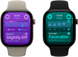 Dva uređaja Apple Watch Series 12: svijetlo zlatno aluminijsko kućište, Dnevne vitalne funkcije blago odstupaju, Digital Crown, sportski remen boje pijeska, crno aluminijsko kućište, povoljne Vitalne funkcije tijekom noći, Digital Crown, sportski remen u crnoj boji