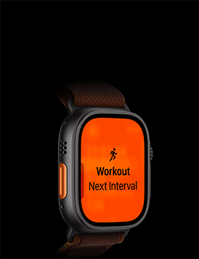 Apple Watch Ultra 4, kućište od titanija, crna boja, trening Trčanje, sljedeći interval, lijeva bočna strana, narančasta tipka postupka, narukvica Alpine