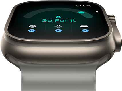 Apple Watch Ultra 4, kućište od titanija, prirodna boja, rezultat spremnosti 8, desna bočna strana, Digital Crown, izdignuta bočna tipka, remen Ocean, prozirna siva boja
