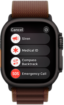 Apple Watch Ultra 4, kućište od titanija, crna boja, satelitska veza, desna bočna strana, Digital Crown, izdignuta bočna tipka, narukvica Alpine, bordo boja